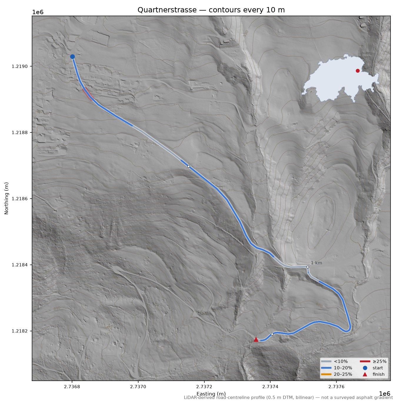 Quartnerstrasse LiDAR hillshade map with contours