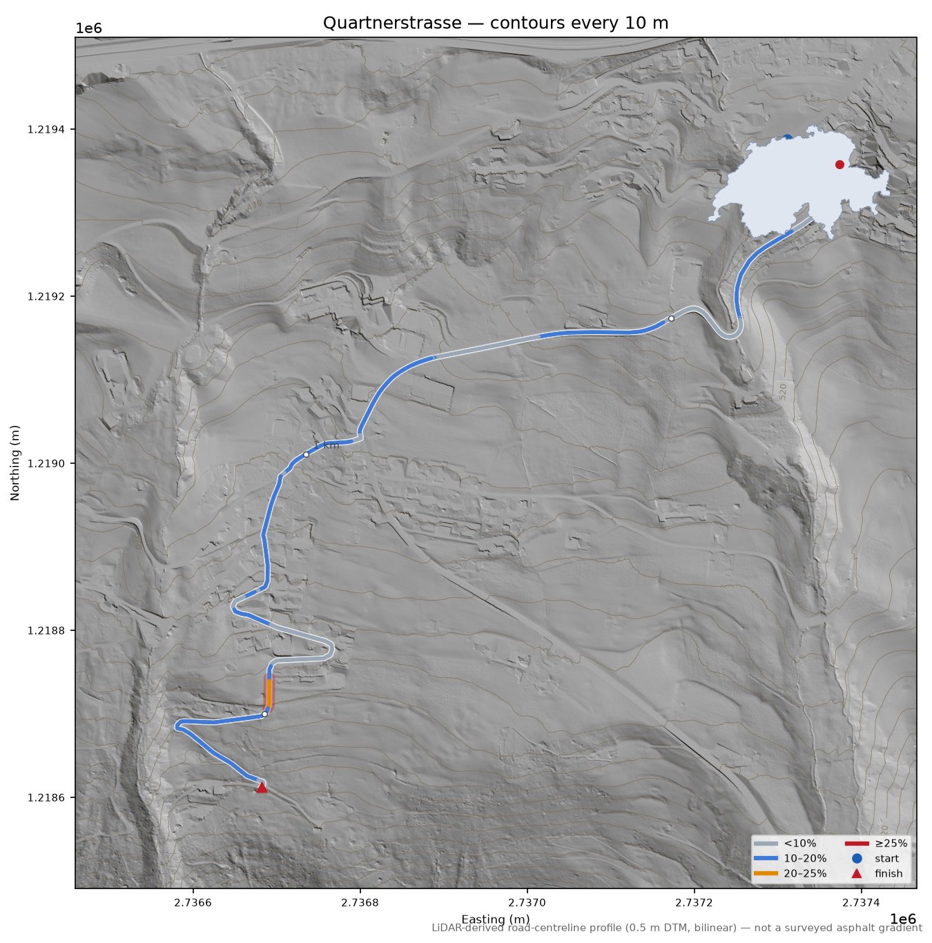 Quartnerstrasse LiDAR hillshade map with contours