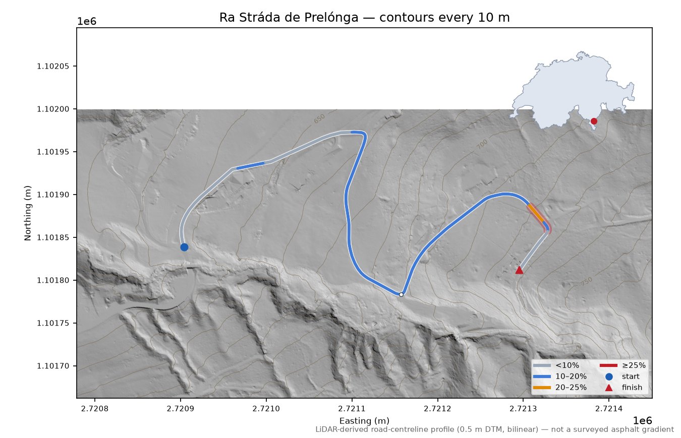 Ra Stráda de Prelónga LiDAR hillshade map with contours