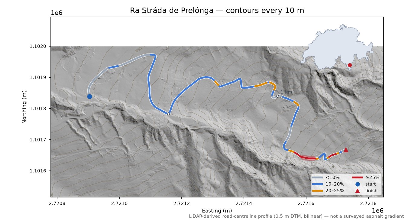 Ra Stráda de Prelónga LiDAR hillshade map with contours
