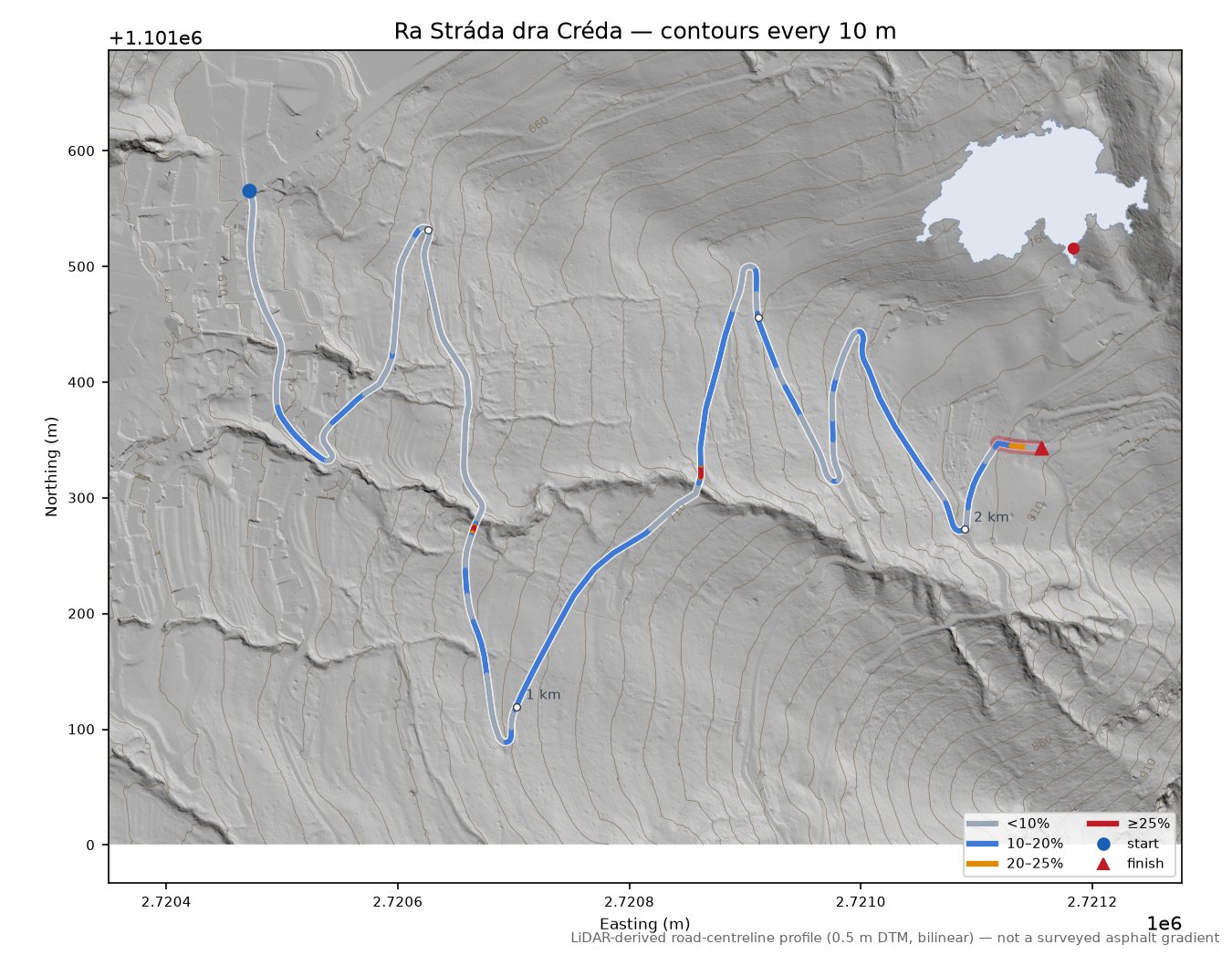 Ra Stráda dra Créda LiDAR hillshade map with contours