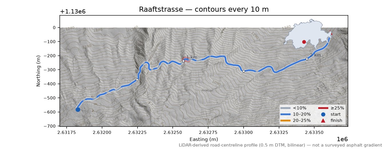 Raaftstrasse LiDAR hillshade map with contours