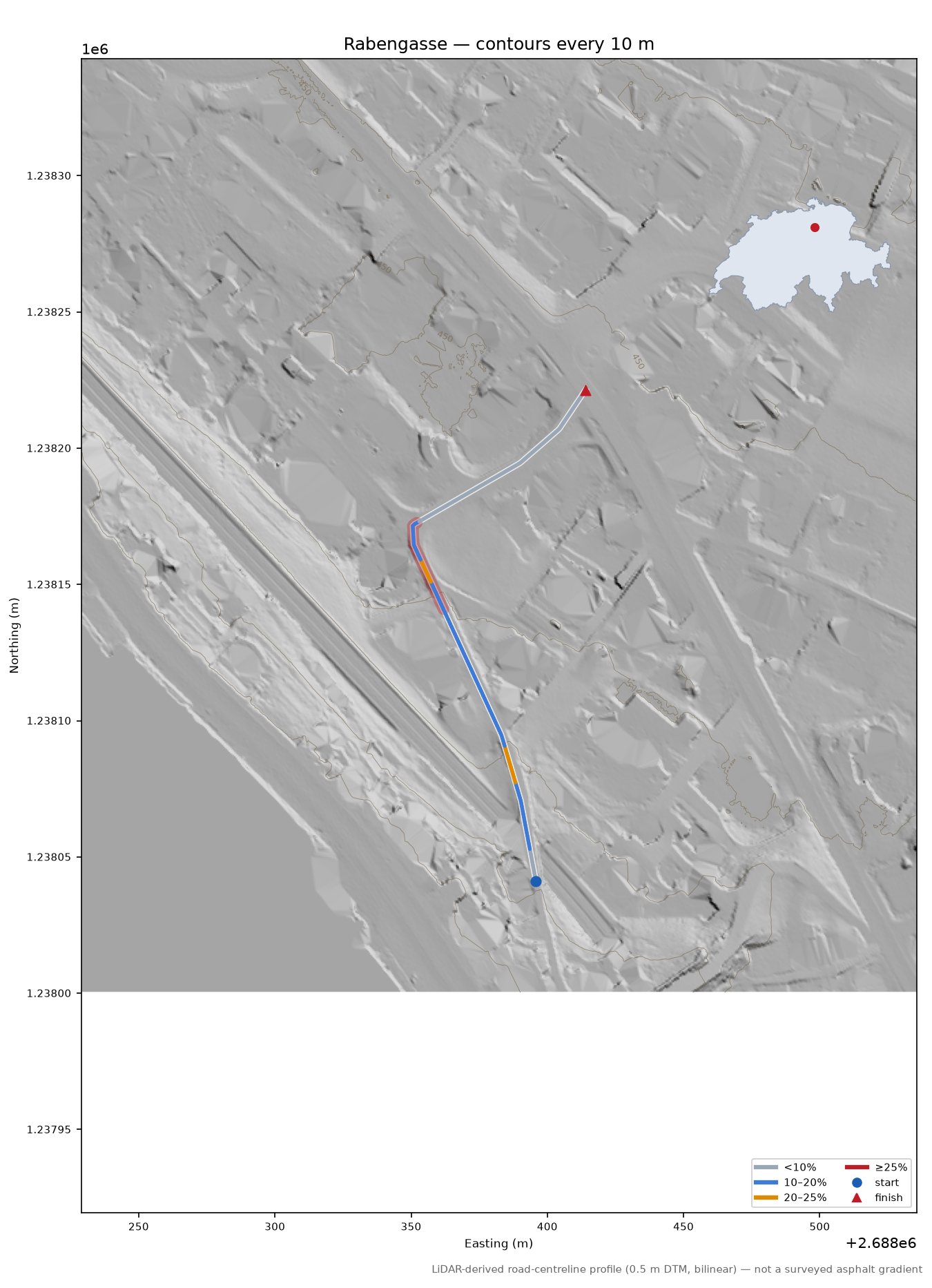 Rabengasse LiDAR hillshade map with contours