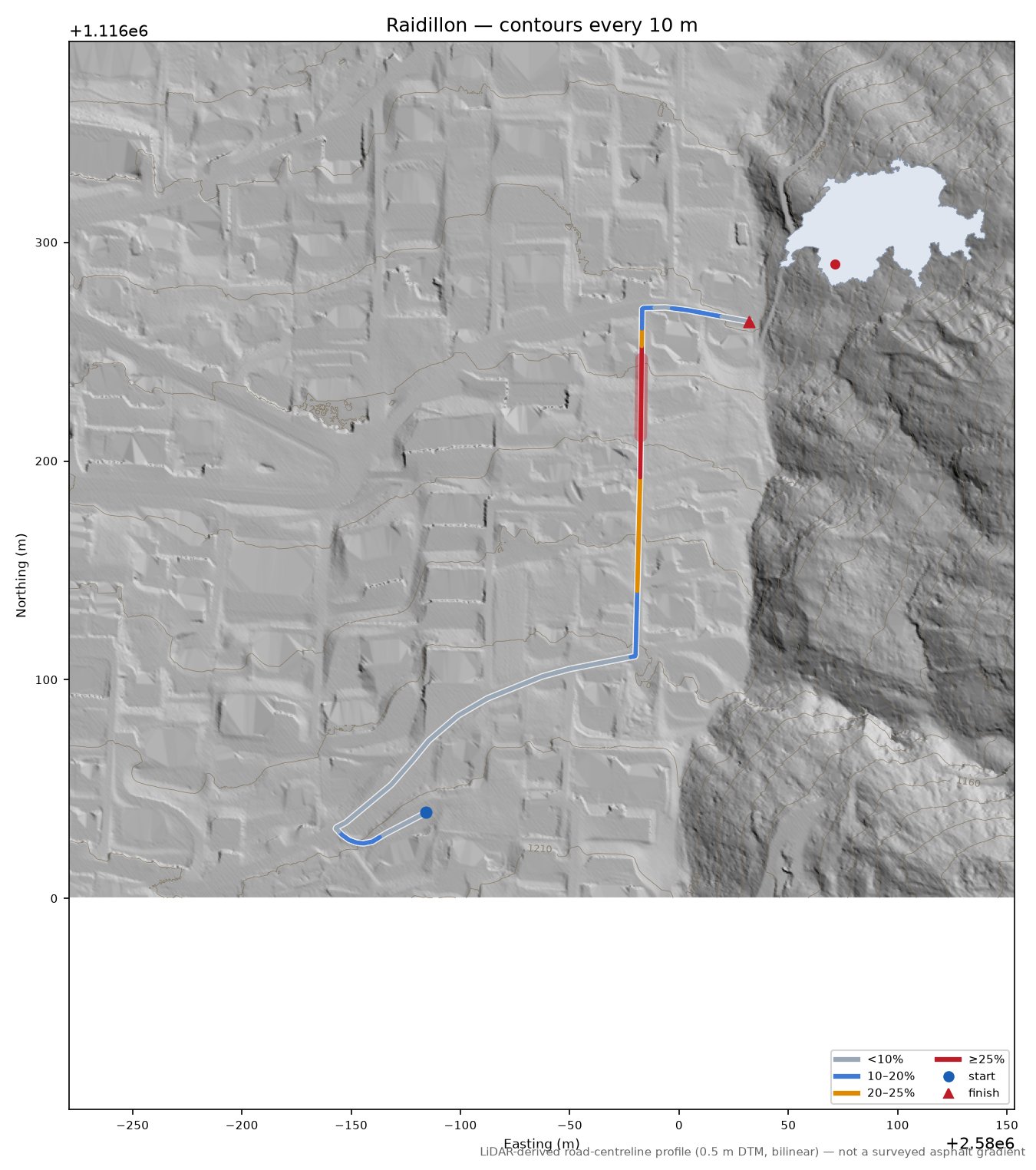 Raidillon LiDAR hillshade map with contours