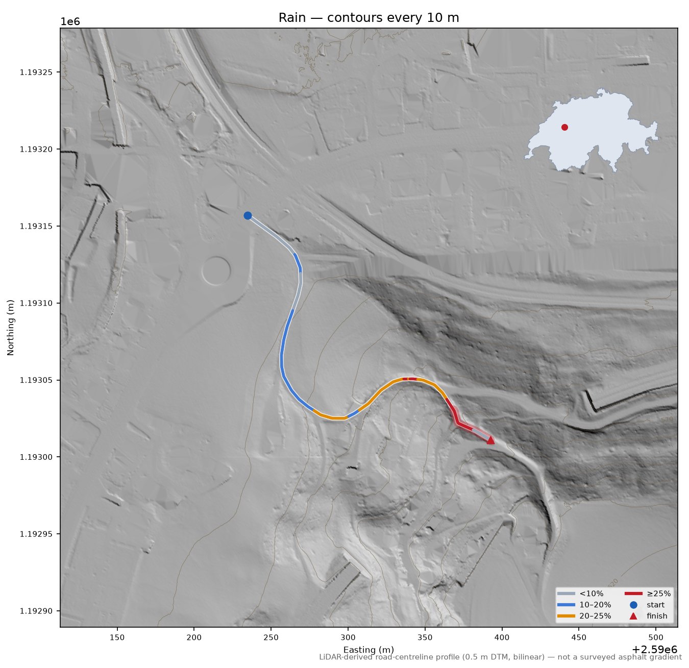 Rain LiDAR hillshade map with contours