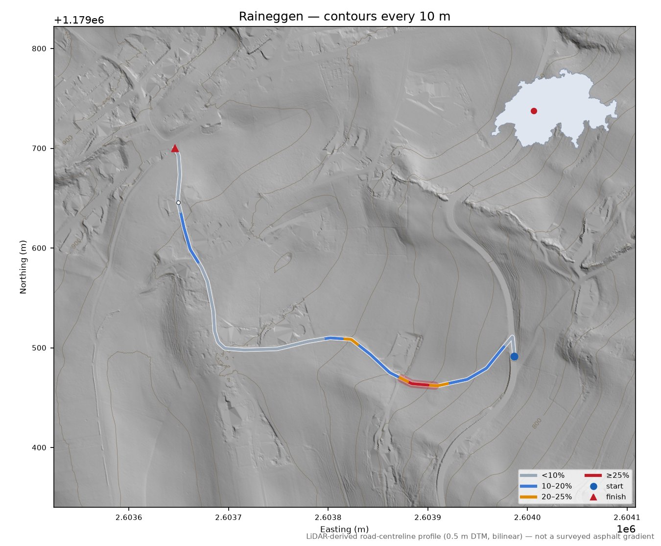 Raineggen LiDAR hillshade map with contours