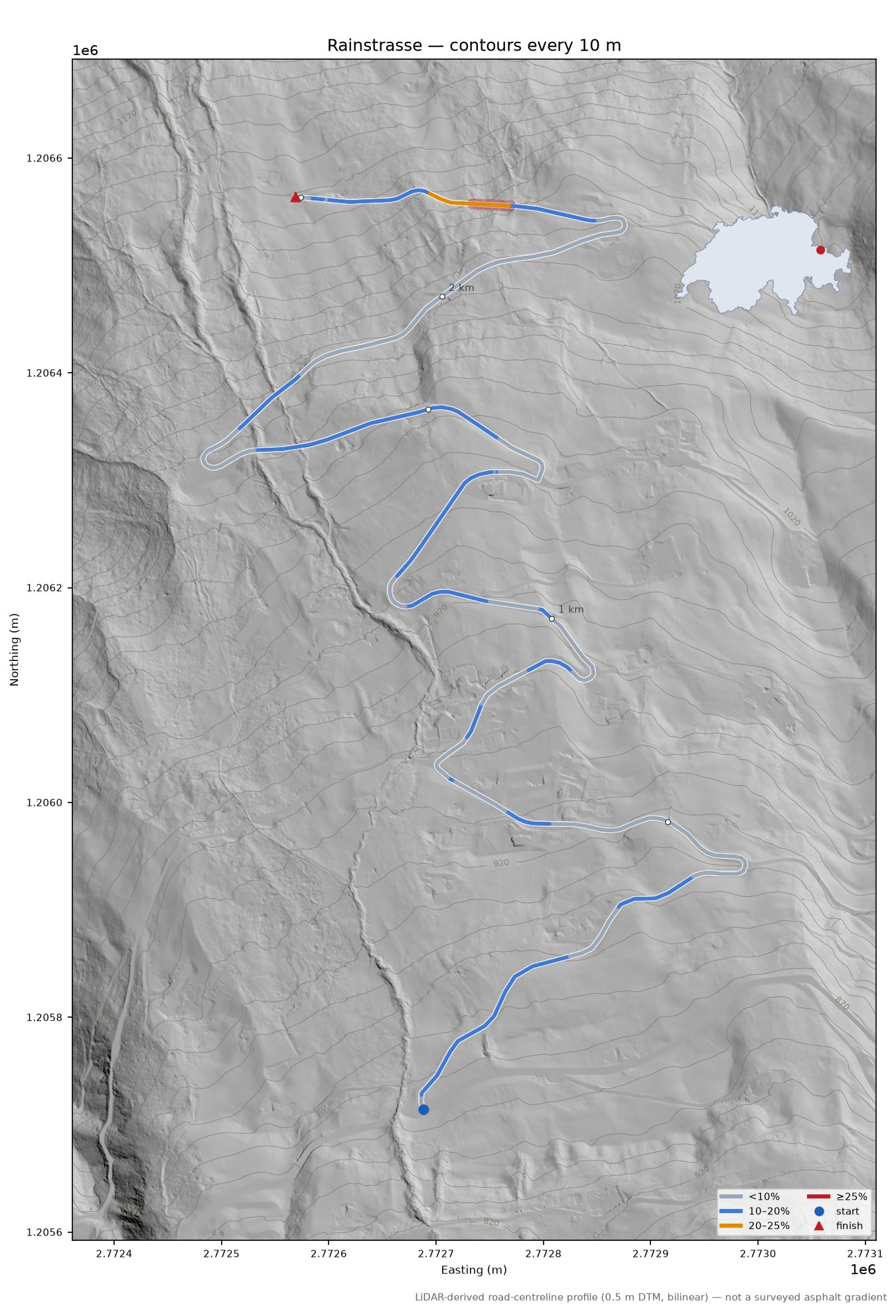 Rainstrasse LiDAR hillshade map with contours