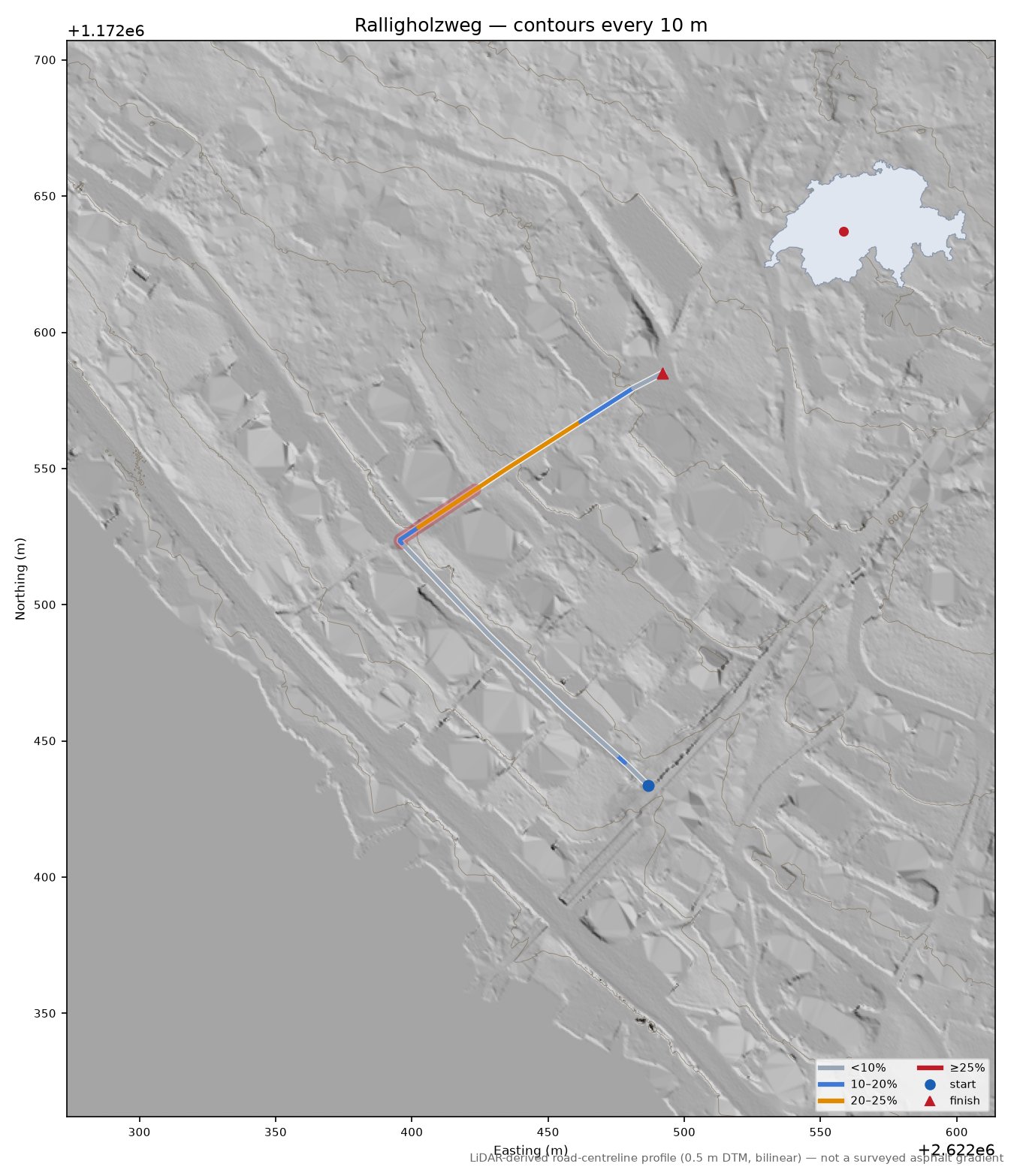 Ralligholzweg LiDAR hillshade map with contours
