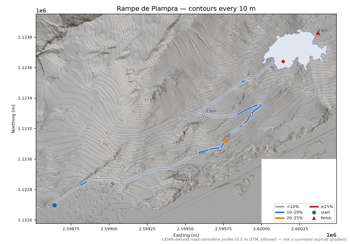 Rampe de Plampra LiDAR hillshade map with contours