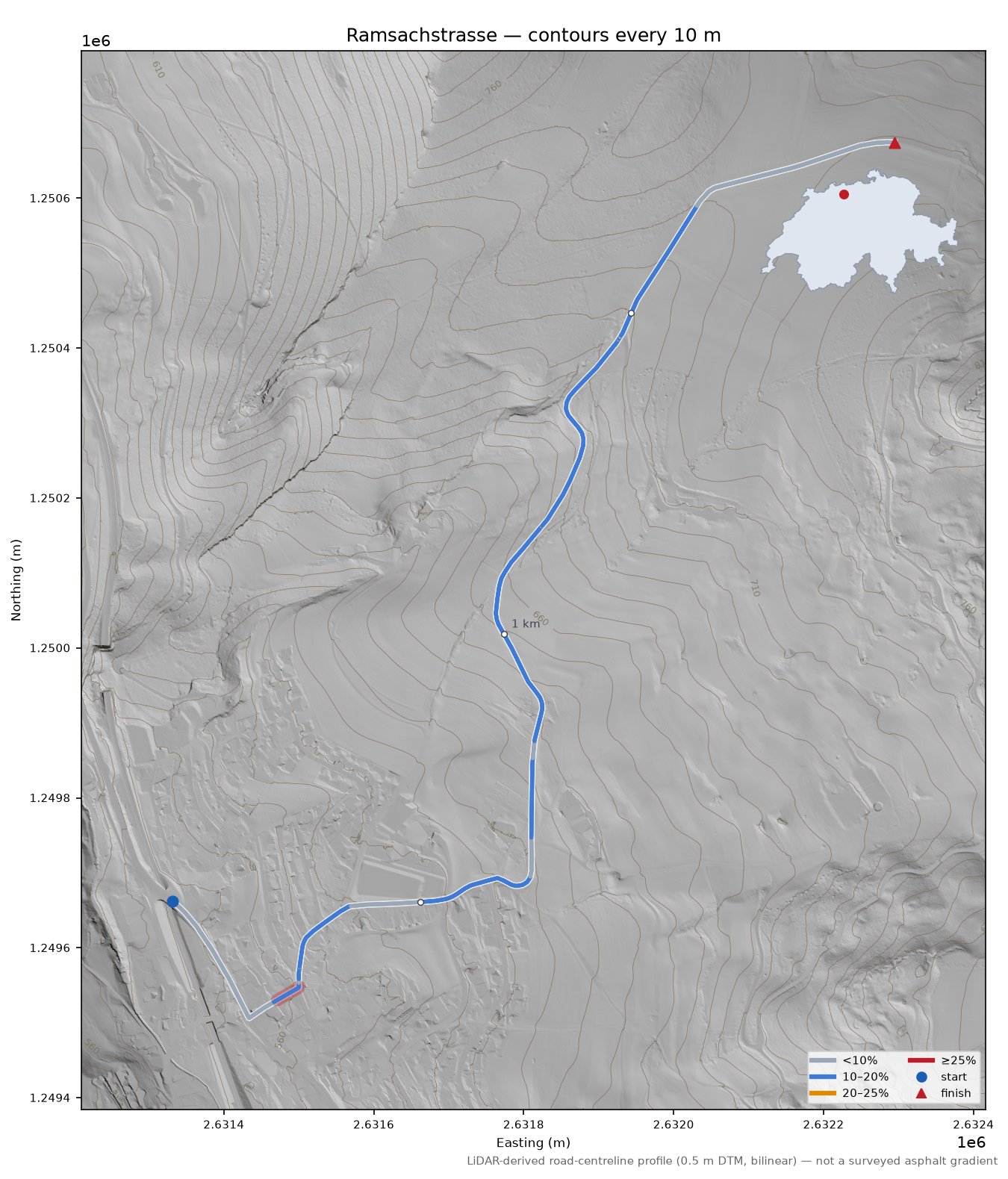 Ramsachstrasse LiDAR hillshade map with contours