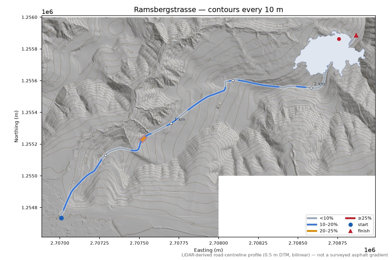 Ramsbergstrasse LiDAR hillshade map with contours