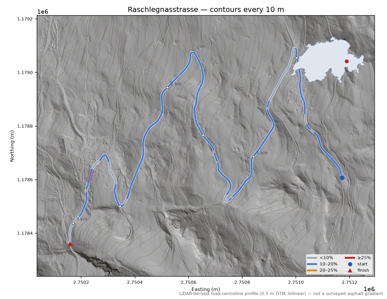Raschlegnasstrasse LiDAR hillshade map with contours