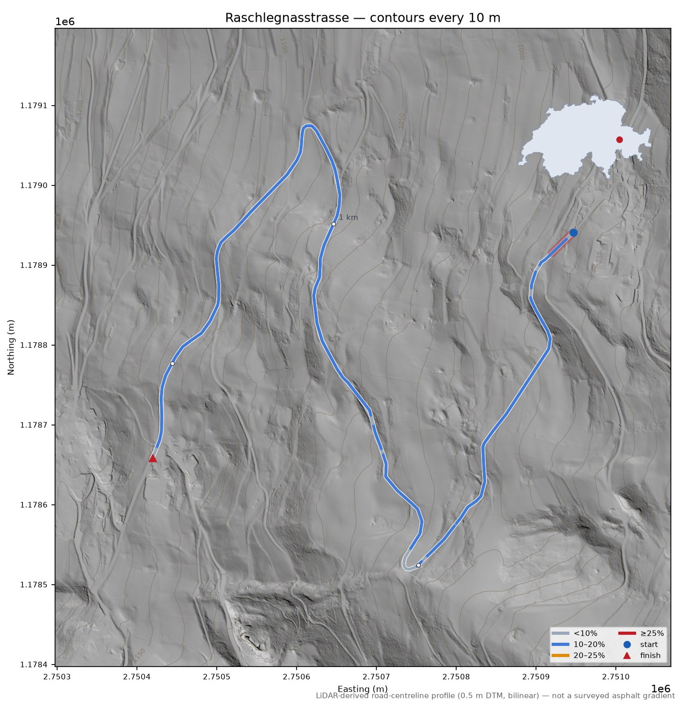 Raschlegnasstrasse LiDAR hillshade map with contours