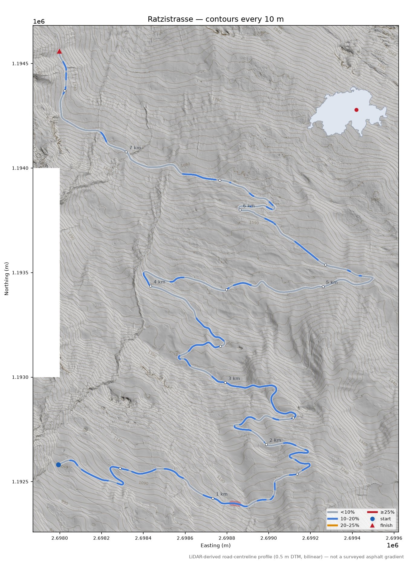 Ratzistrasse LiDAR hillshade map with contours