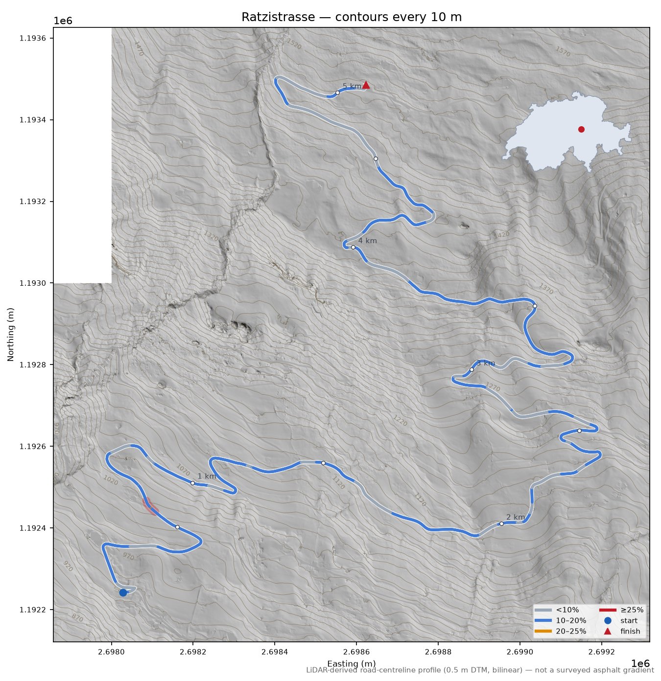 Ratzistrasse LiDAR hillshade map with contours