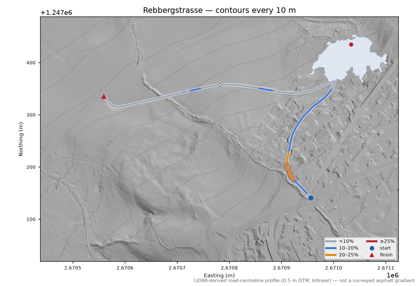 Rebbergstrasse LiDAR hillshade map with contours