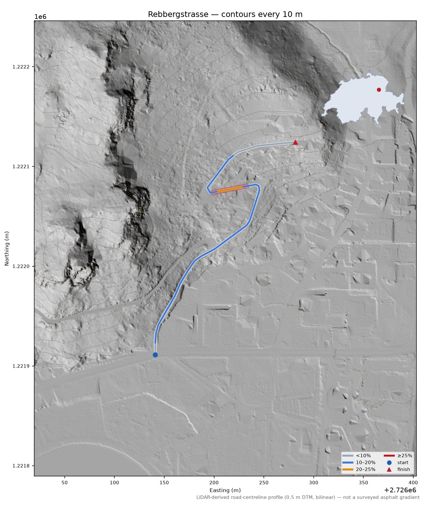Rebbergstrasse LiDAR hillshade map with contours