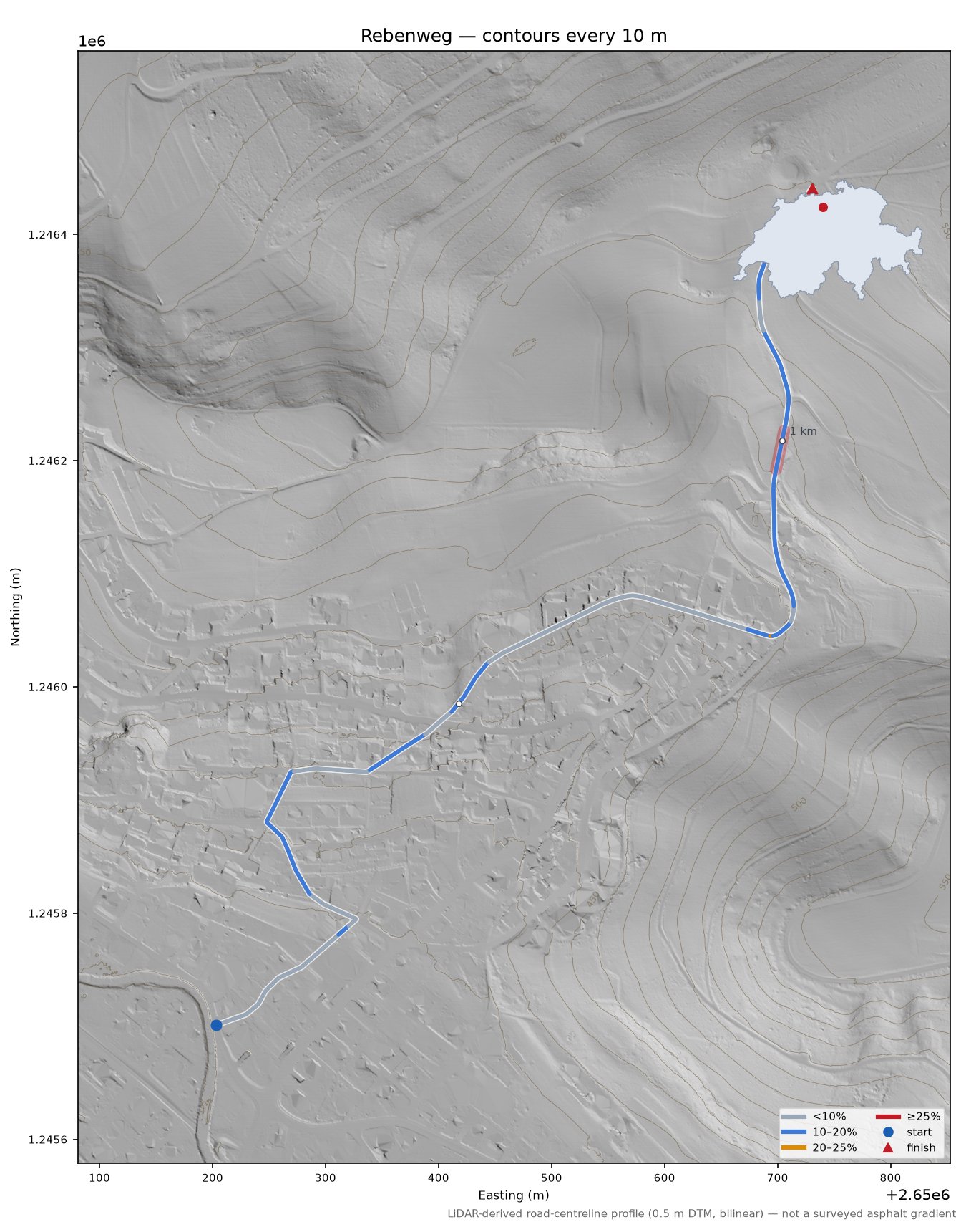 Rebenweg LiDAR hillshade map with contours