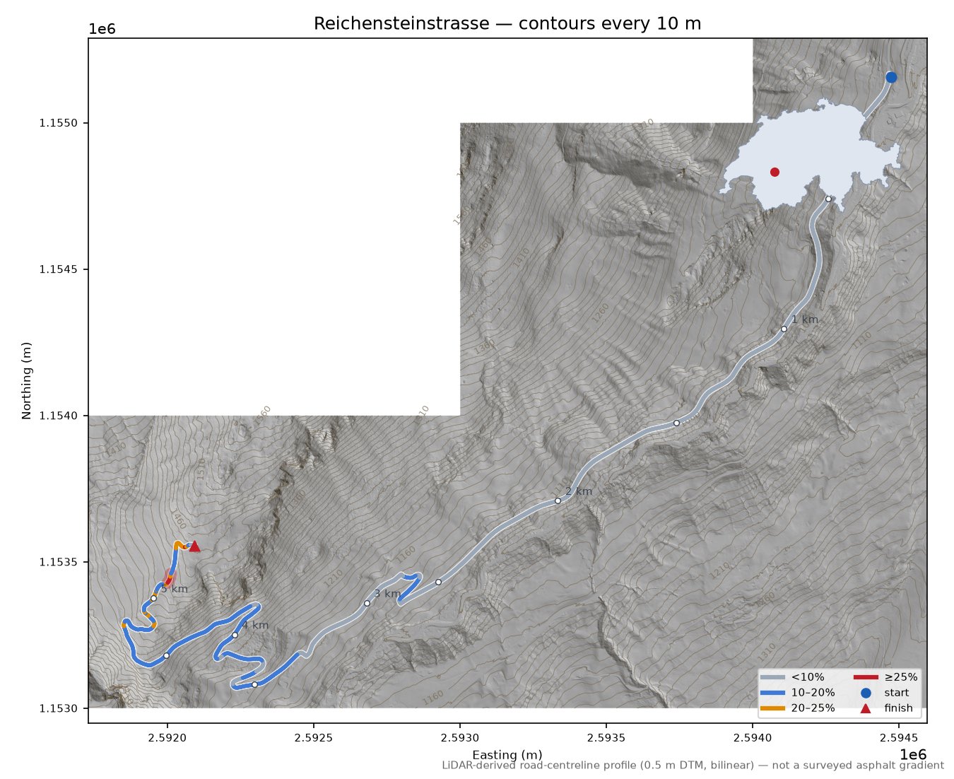 Reichensteinstrasse LiDAR hillshade map with contours