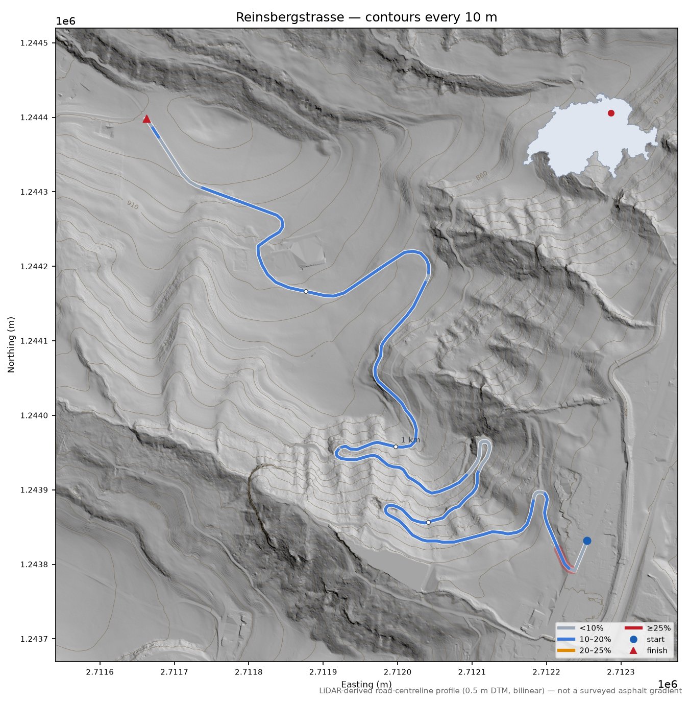 Reinsbergstrasse LiDAR hillshade map with contours