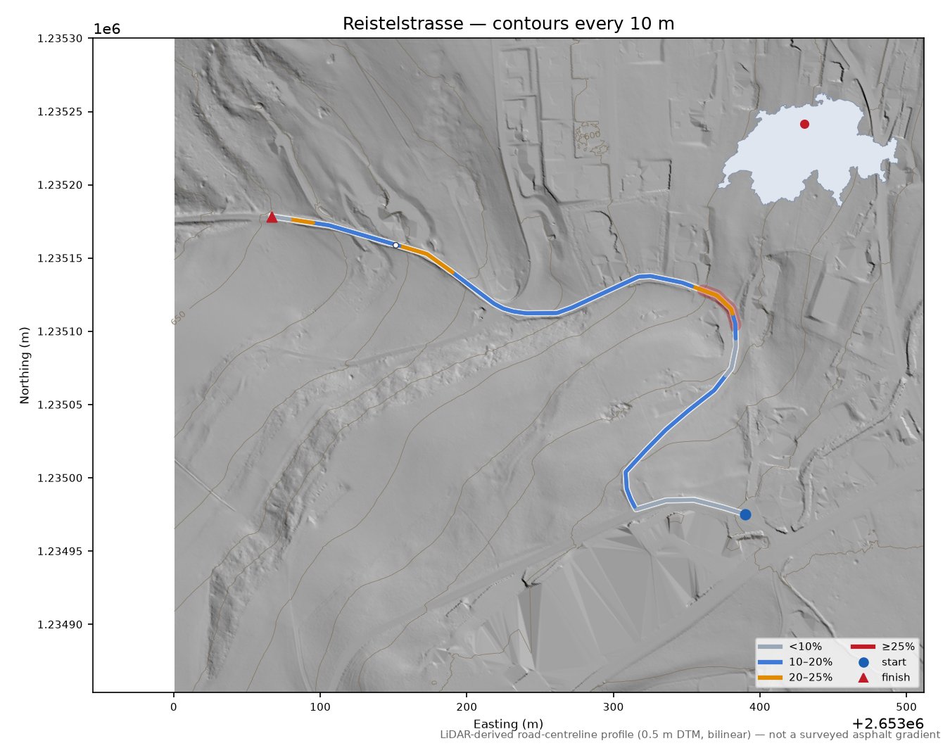 Reistelstrasse LiDAR hillshade map with contours