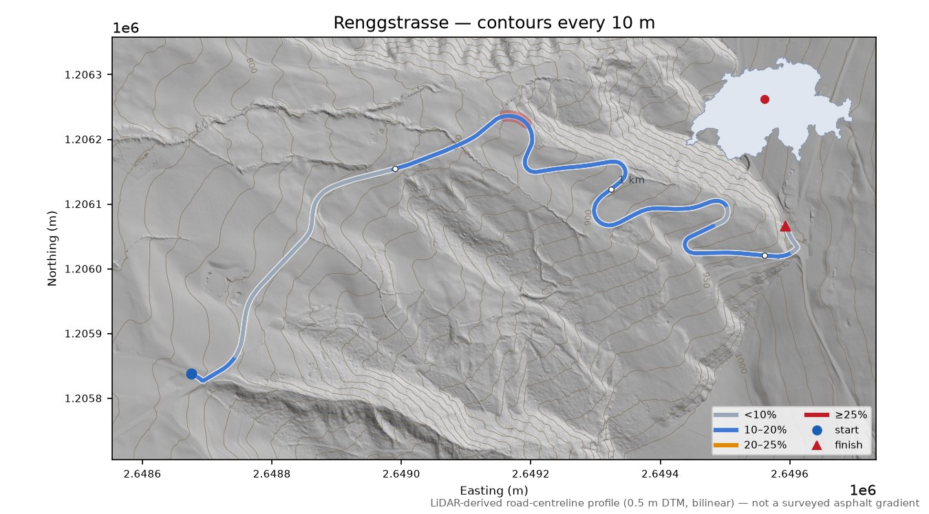 Renggstrasse LiDAR hillshade map with contours