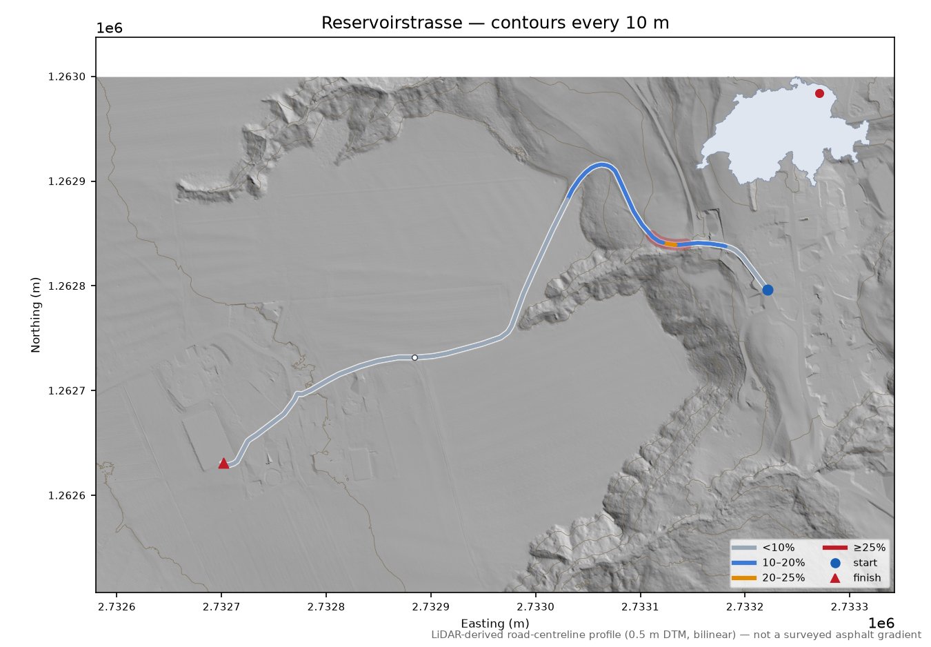 Reservoirstrasse LiDAR hillshade map with contours