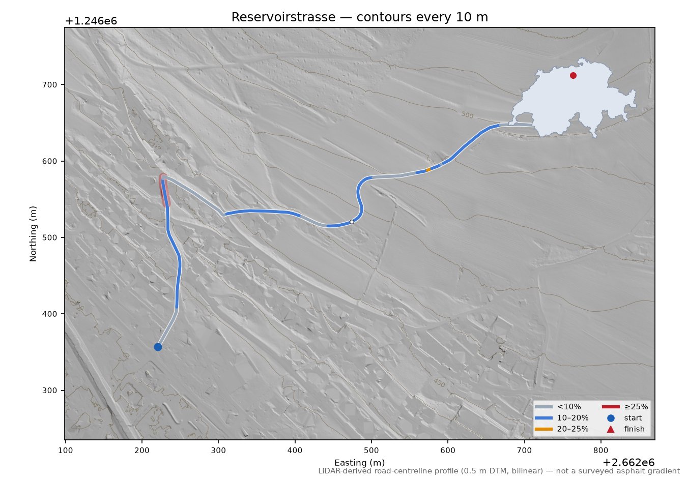 Reservoirstrasse LiDAR hillshade map with contours