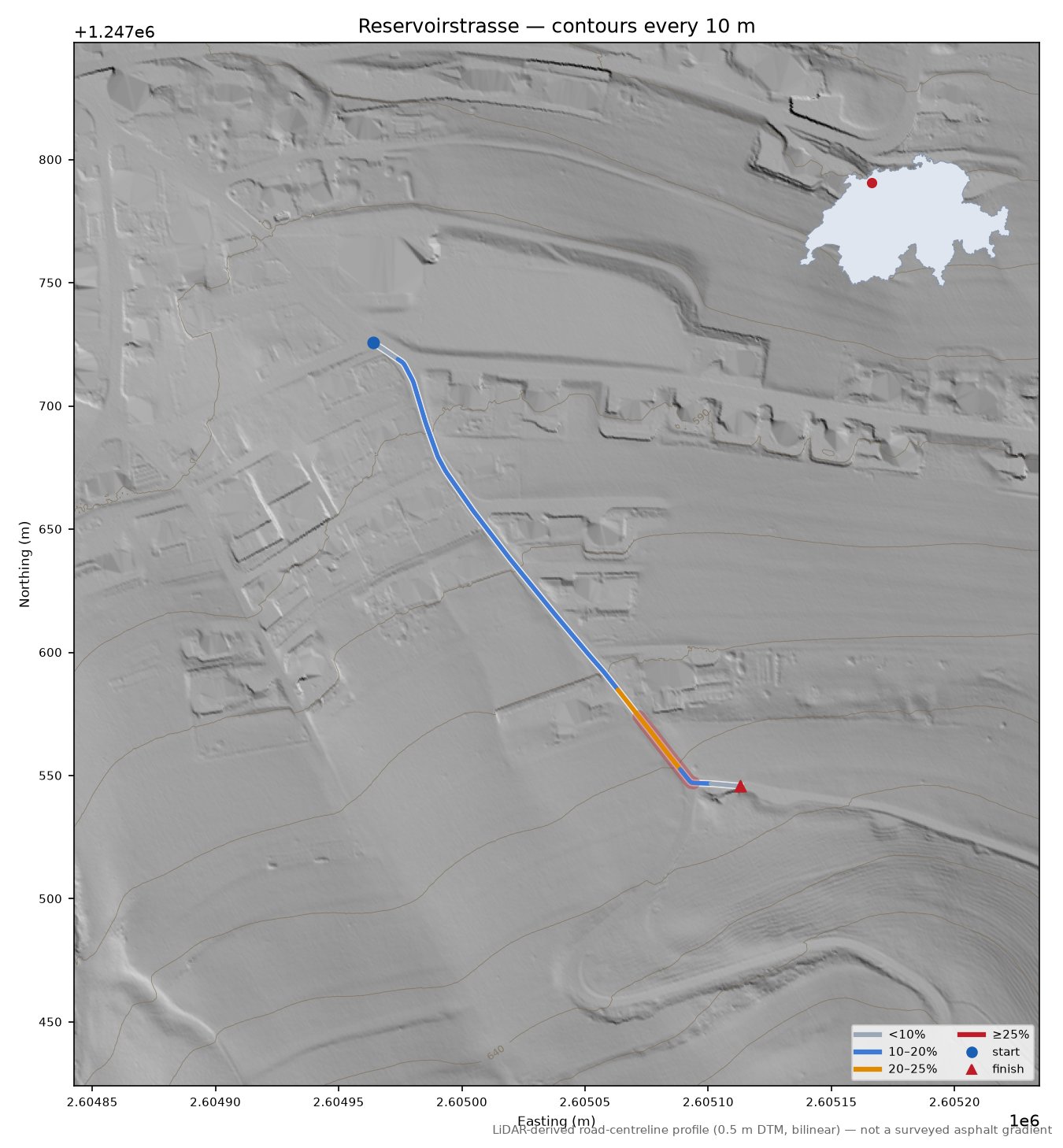 Reservoirstrasse LiDAR hillshade map with contours