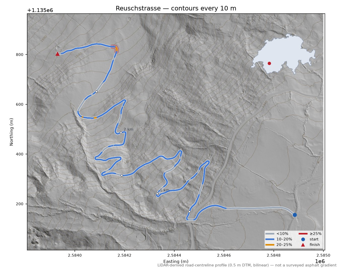 Reuschstrasse LiDAR hillshade map with contours