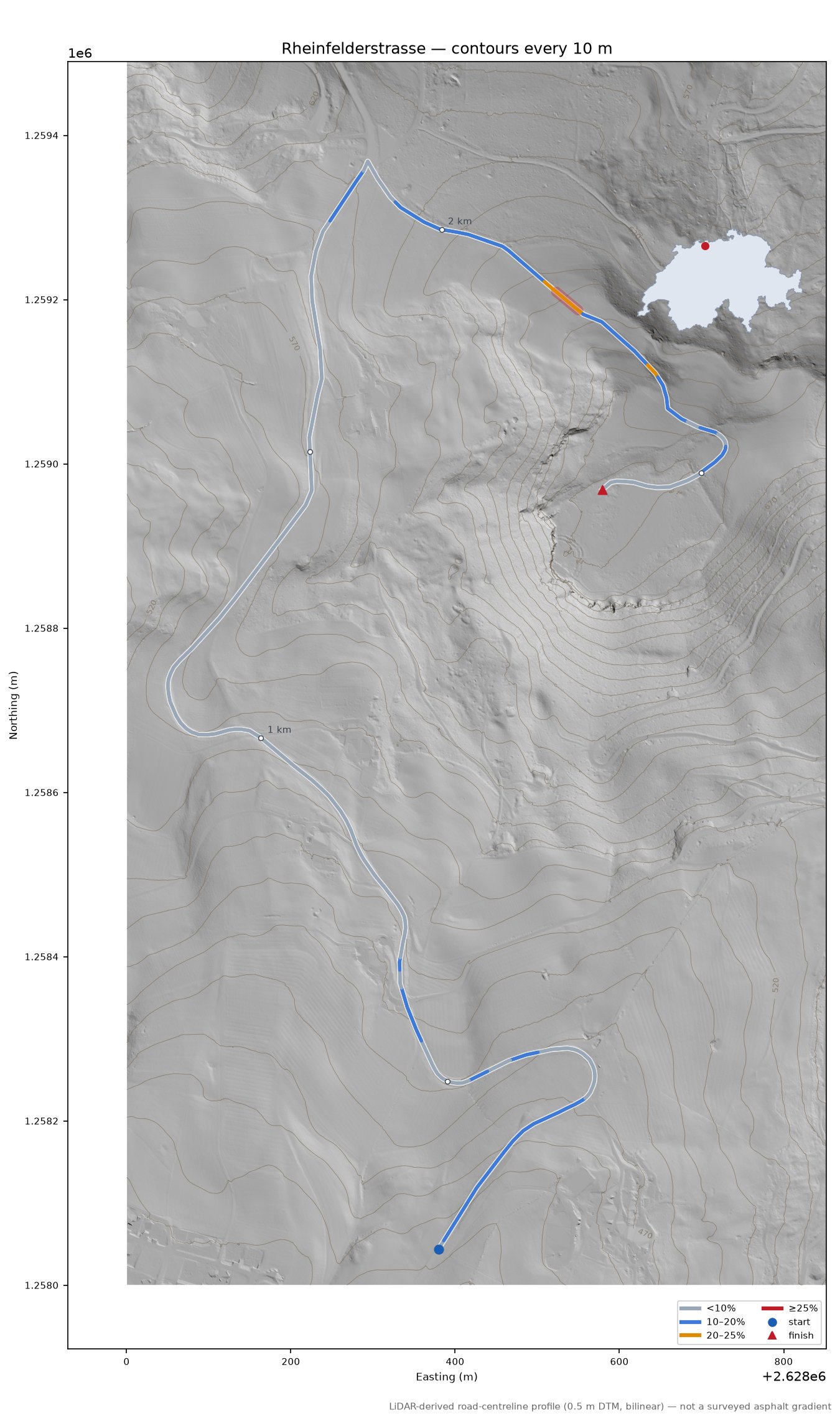 Rheinfelderstrasse LiDAR hillshade map with contours