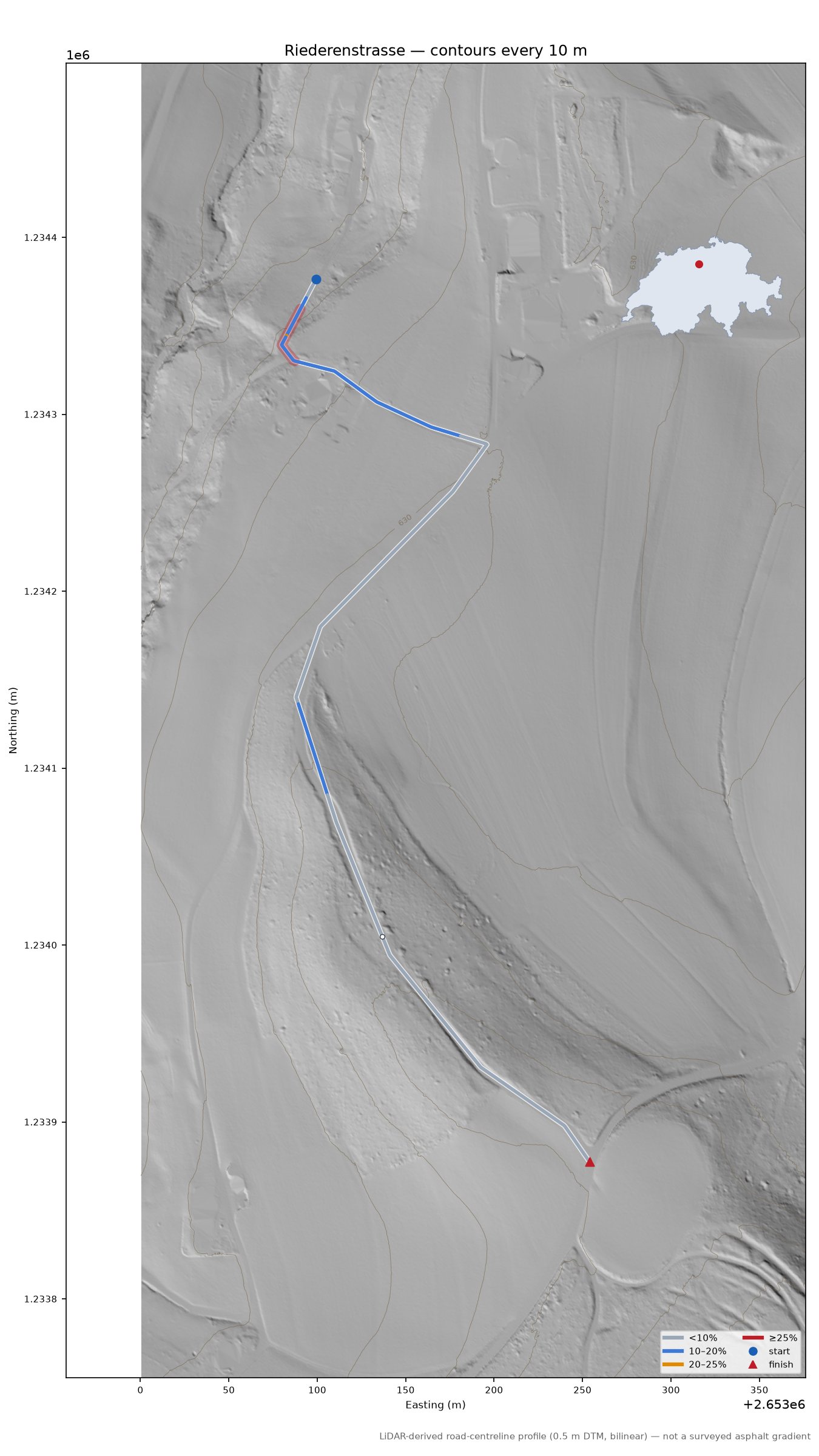 Riederenstrasse LiDAR hillshade map with contours