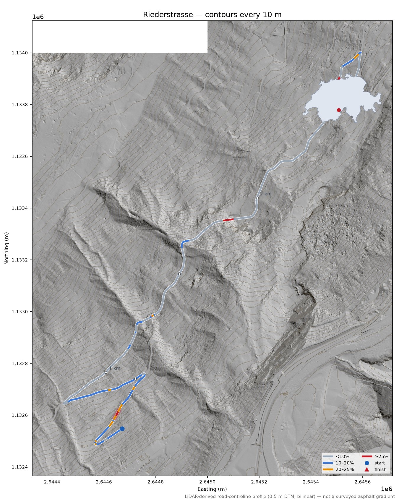 Riederstrasse LiDAR hillshade map with contours