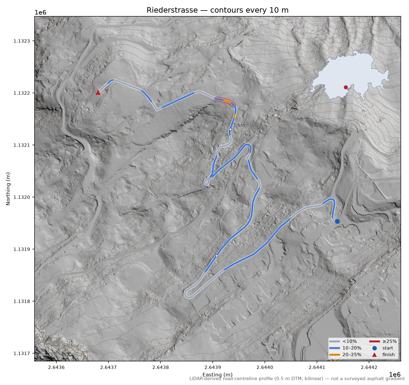 Riederstrasse LiDAR hillshade map with contours