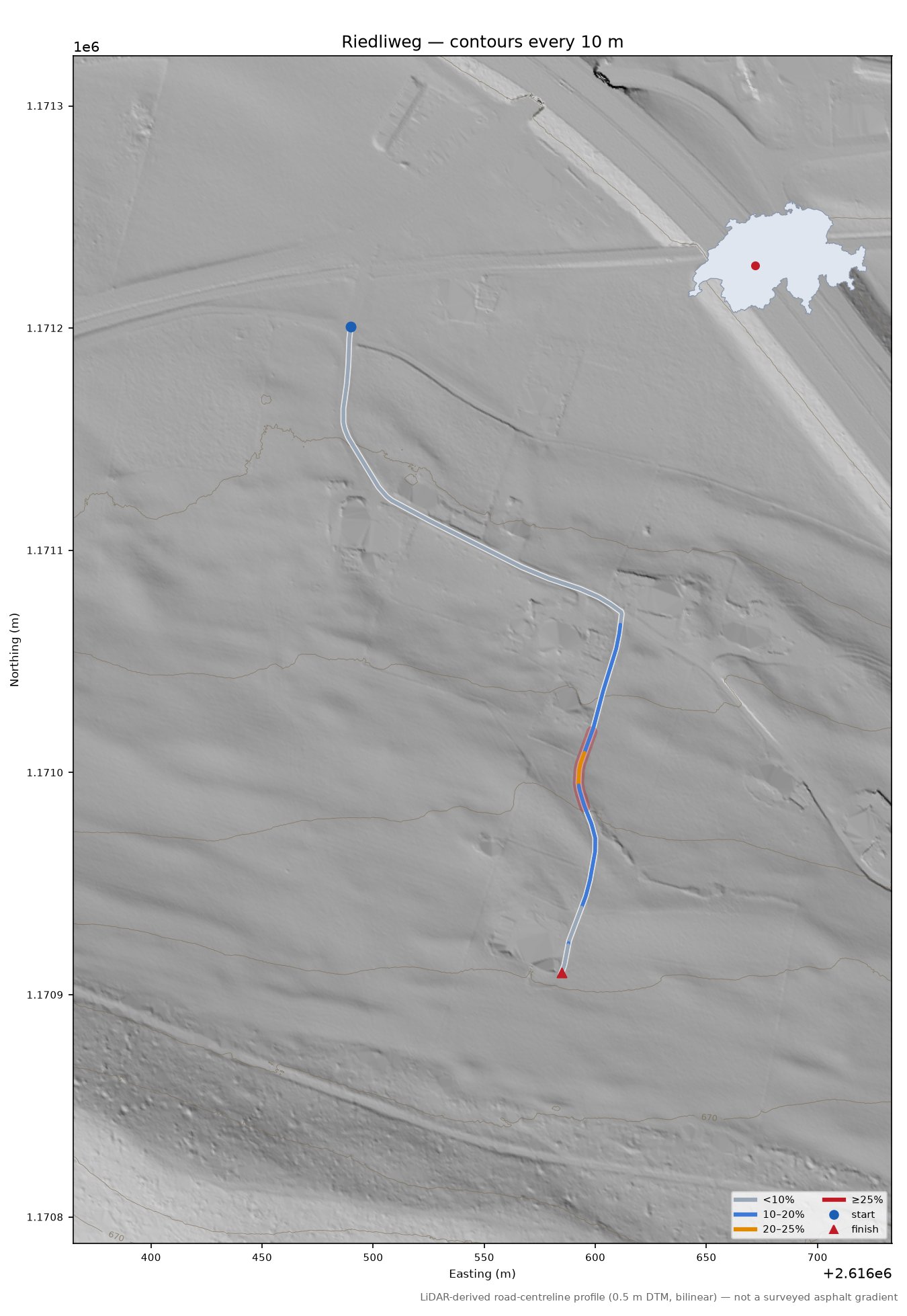 Riedliweg LiDAR hillshade map with contours