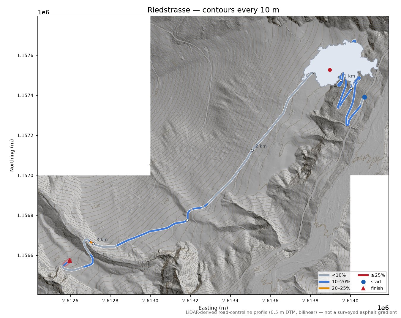 Riedstrasse LiDAR hillshade map with contours