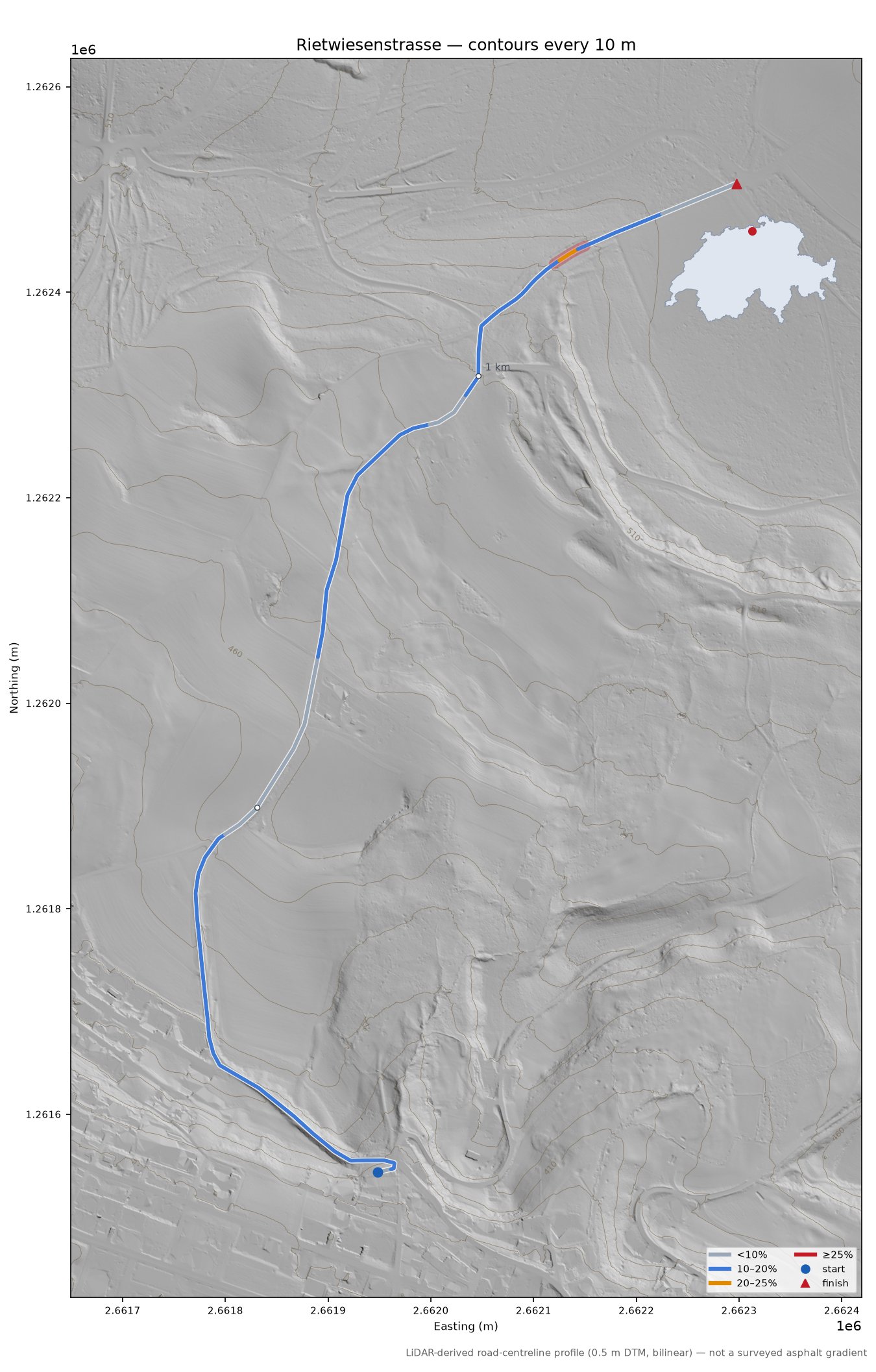 Rietwiesenstrasse LiDAR hillshade map with contours