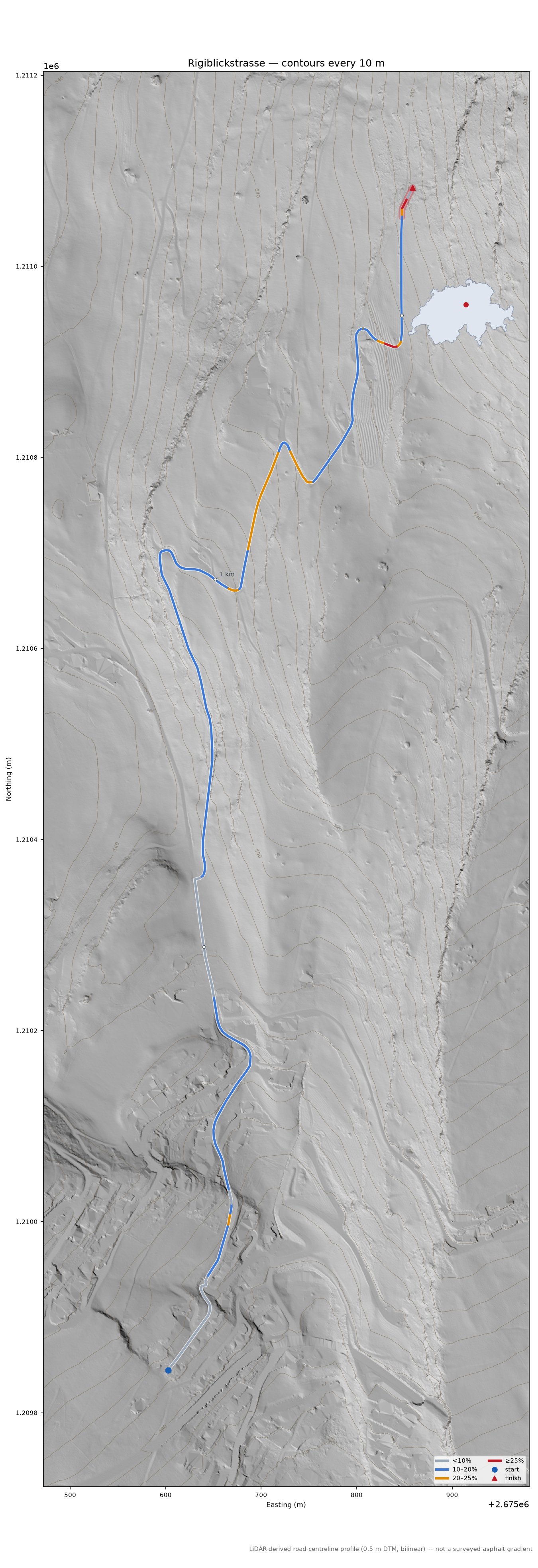 Rigiblickstrasse LiDAR hillshade map with contours