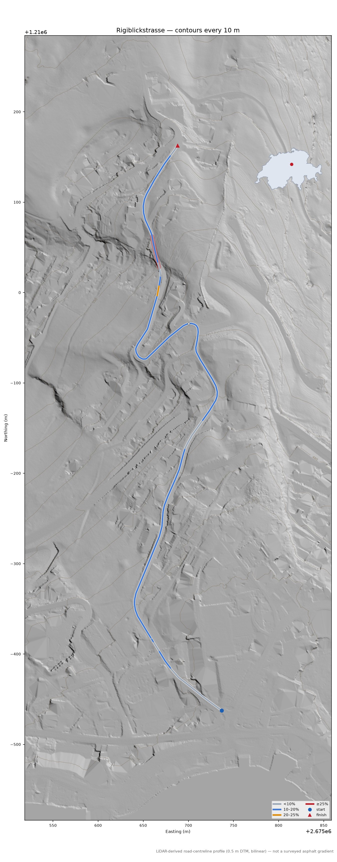 Rigiblickstrasse LiDAR hillshade map with contours