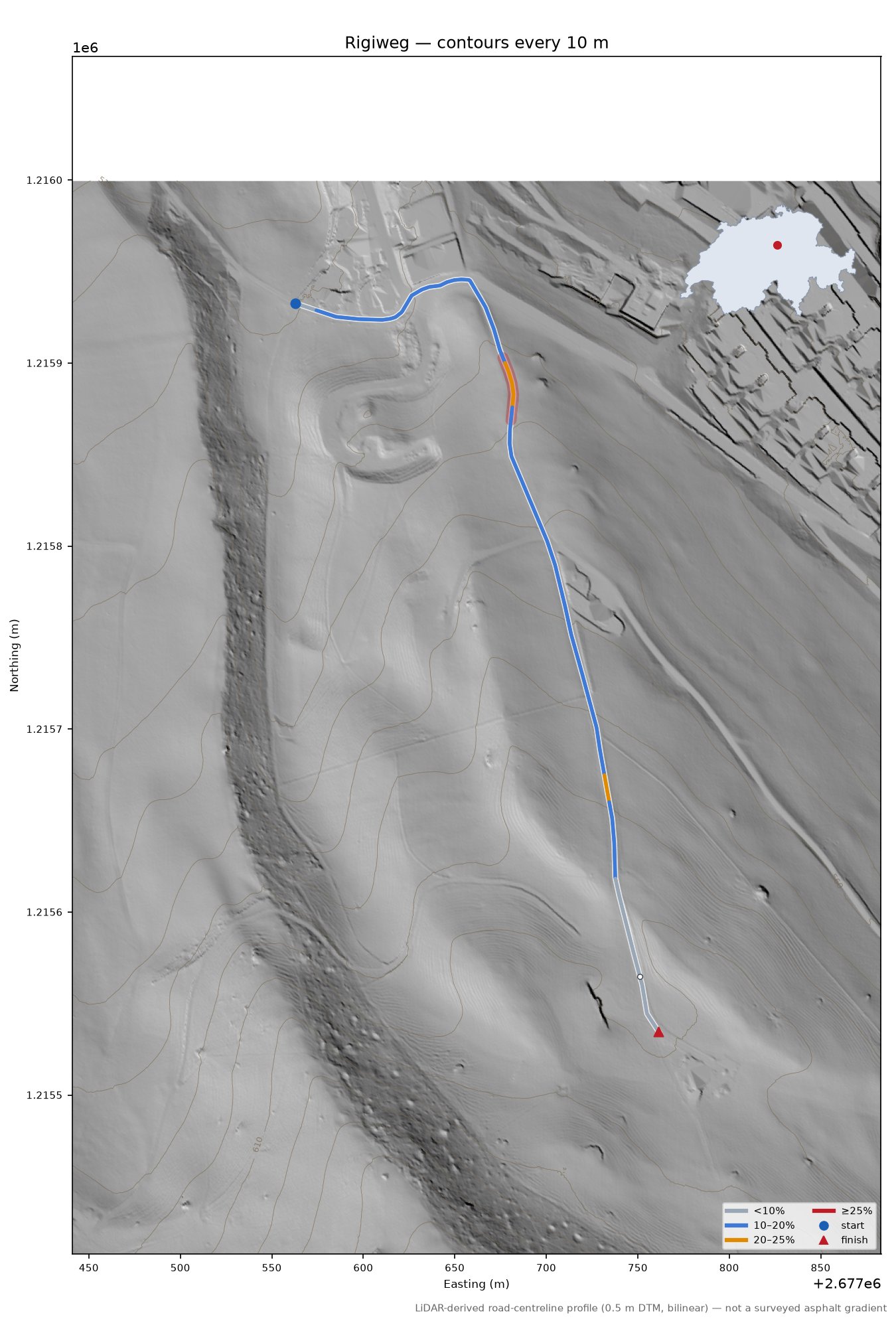 Rigiweg LiDAR hillshade map with contours