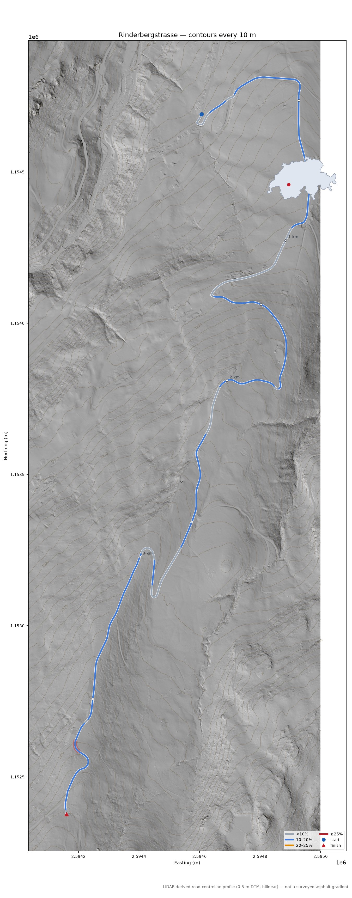 Rinderbergstrasse LiDAR hillshade map with contours