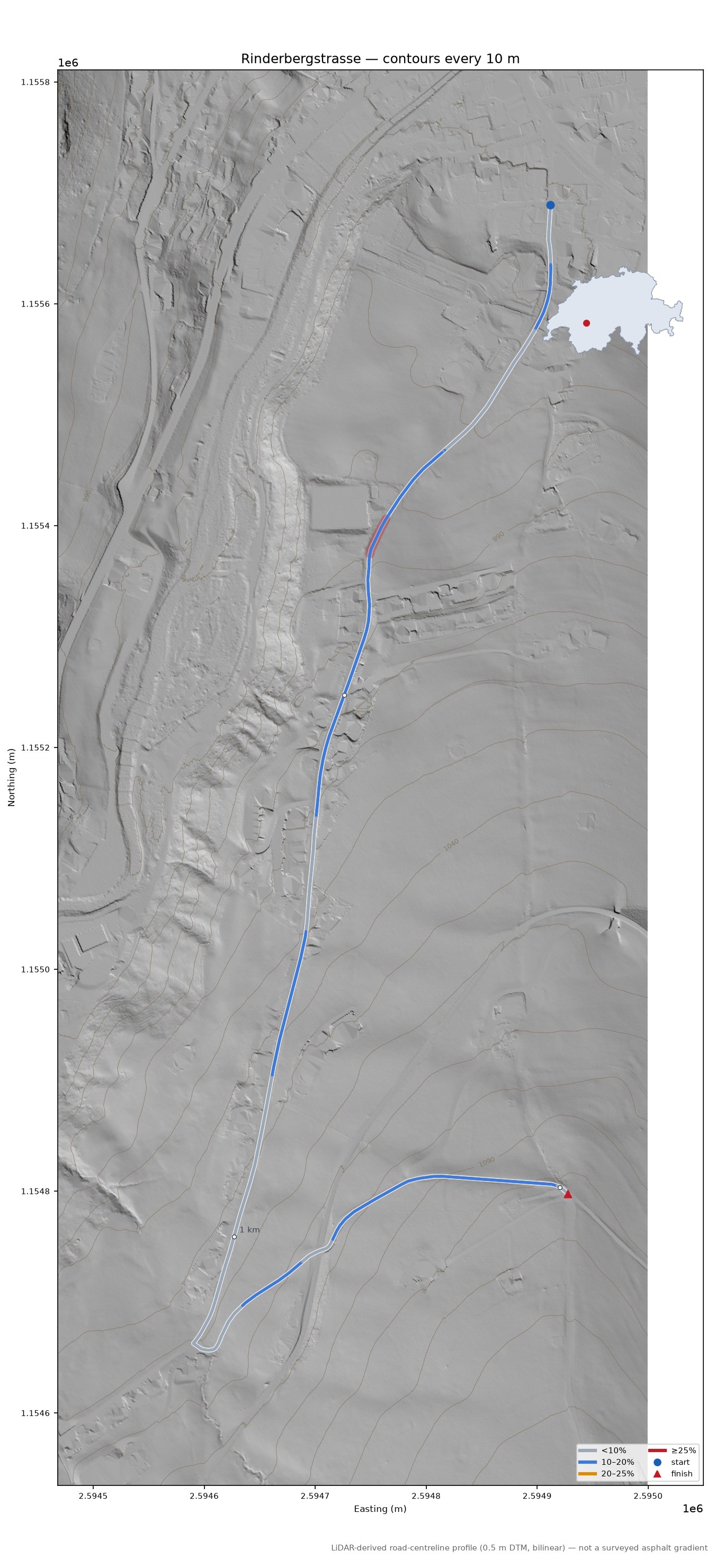 Rinderbergstrasse LiDAR hillshade map with contours