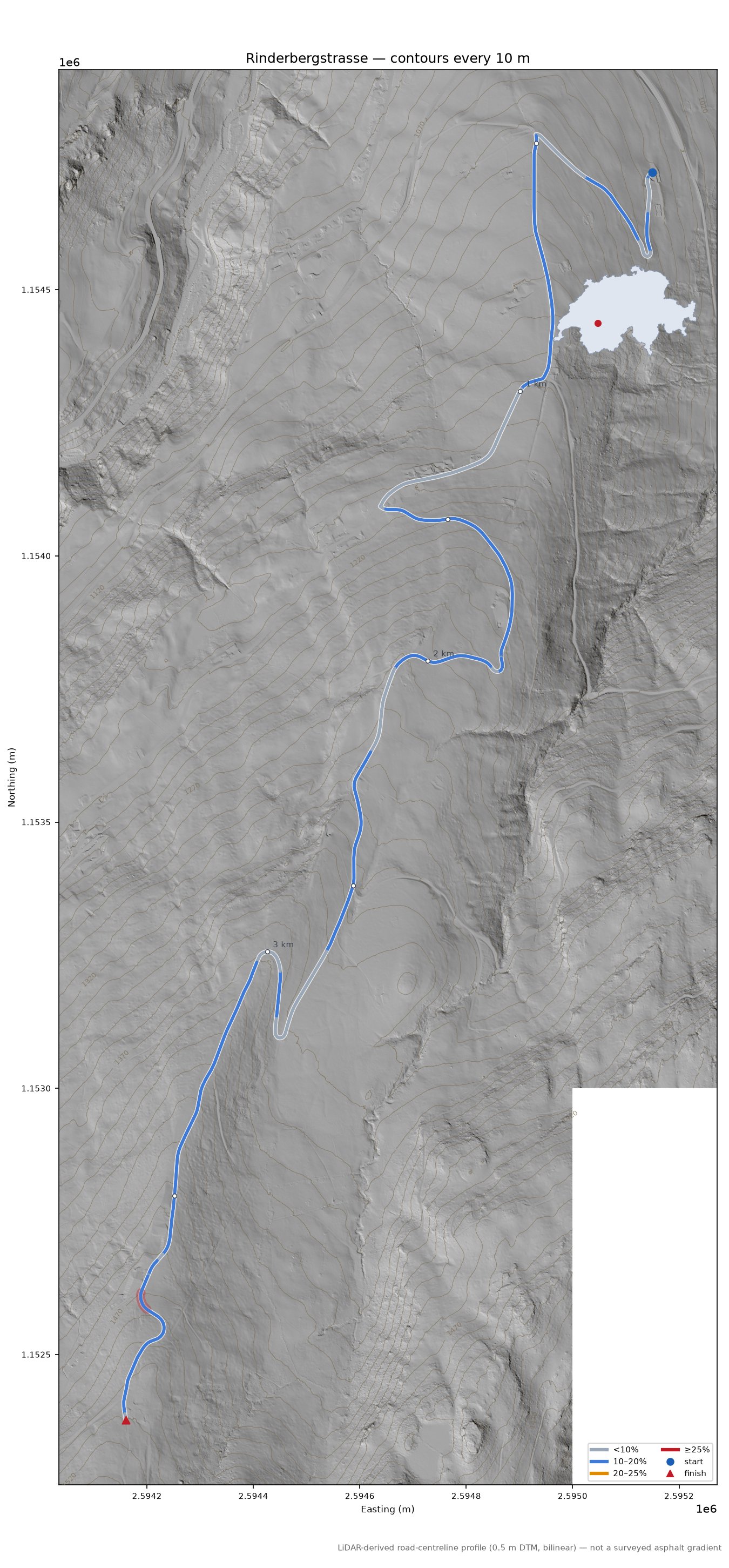 Rinderbergstrasse LiDAR hillshade map with contours