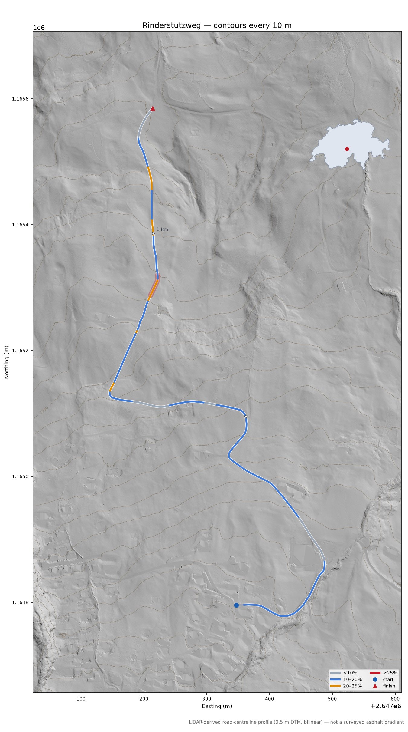 Rinderstutzweg LiDAR hillshade map with contours