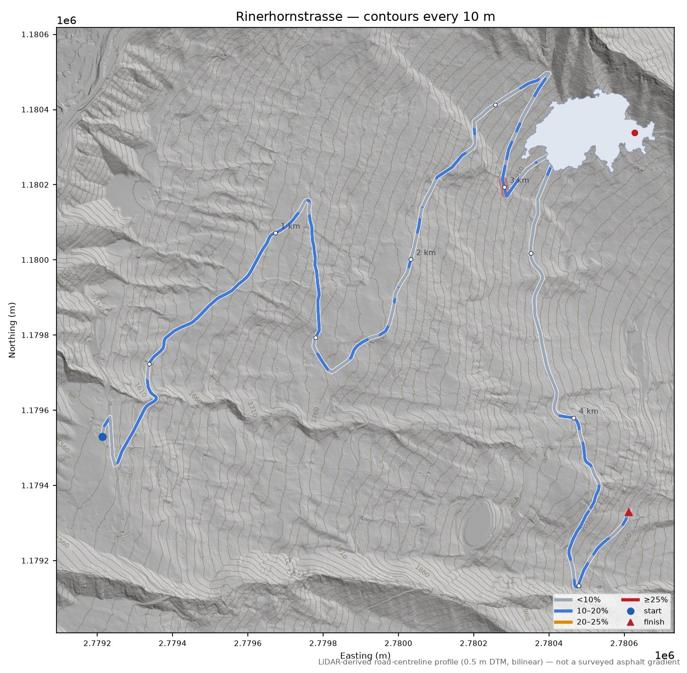Rinerhornstrasse LiDAR hillshade map with contours