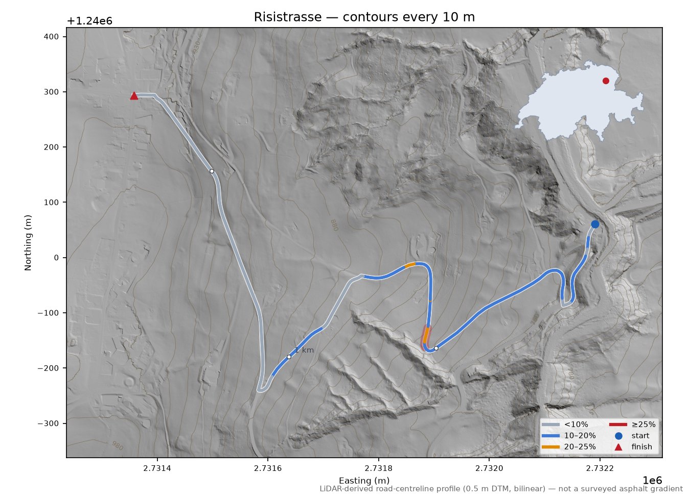 Risistrasse LiDAR hillshade map with contours