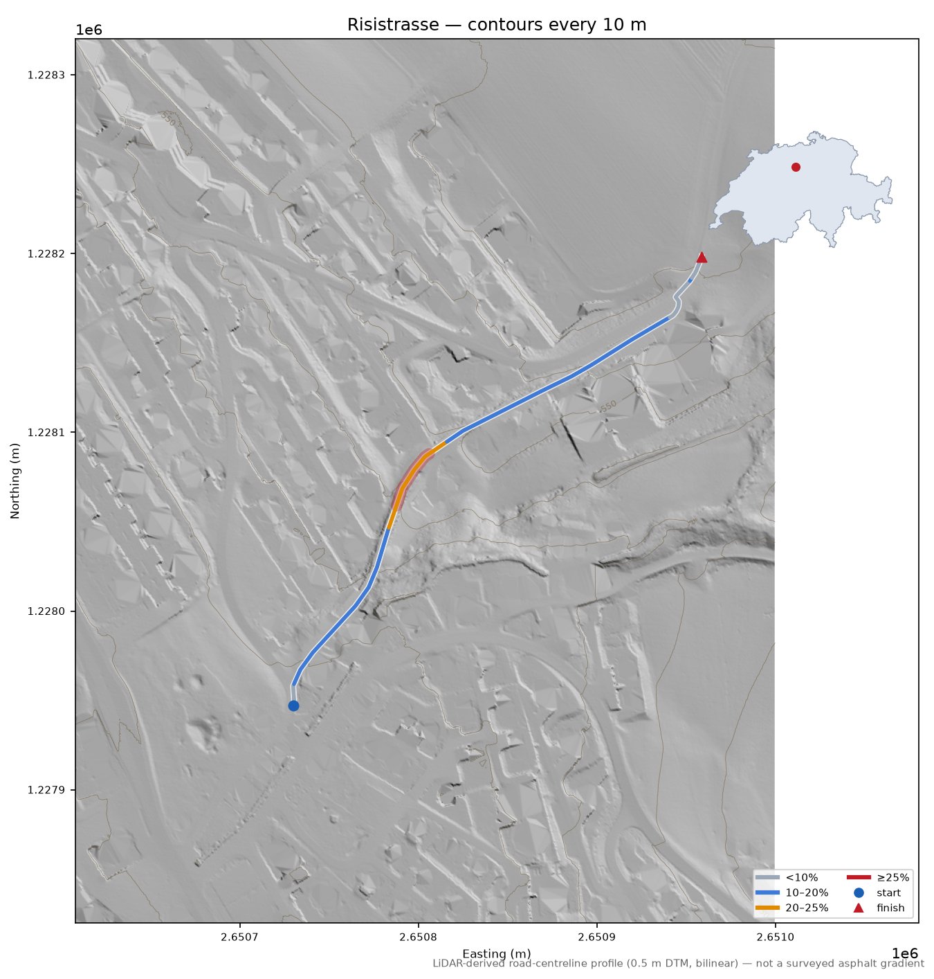 Risistrasse LiDAR hillshade map with contours