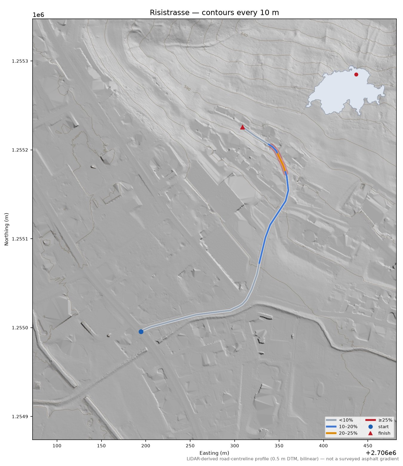 Risistrasse LiDAR hillshade map with contours