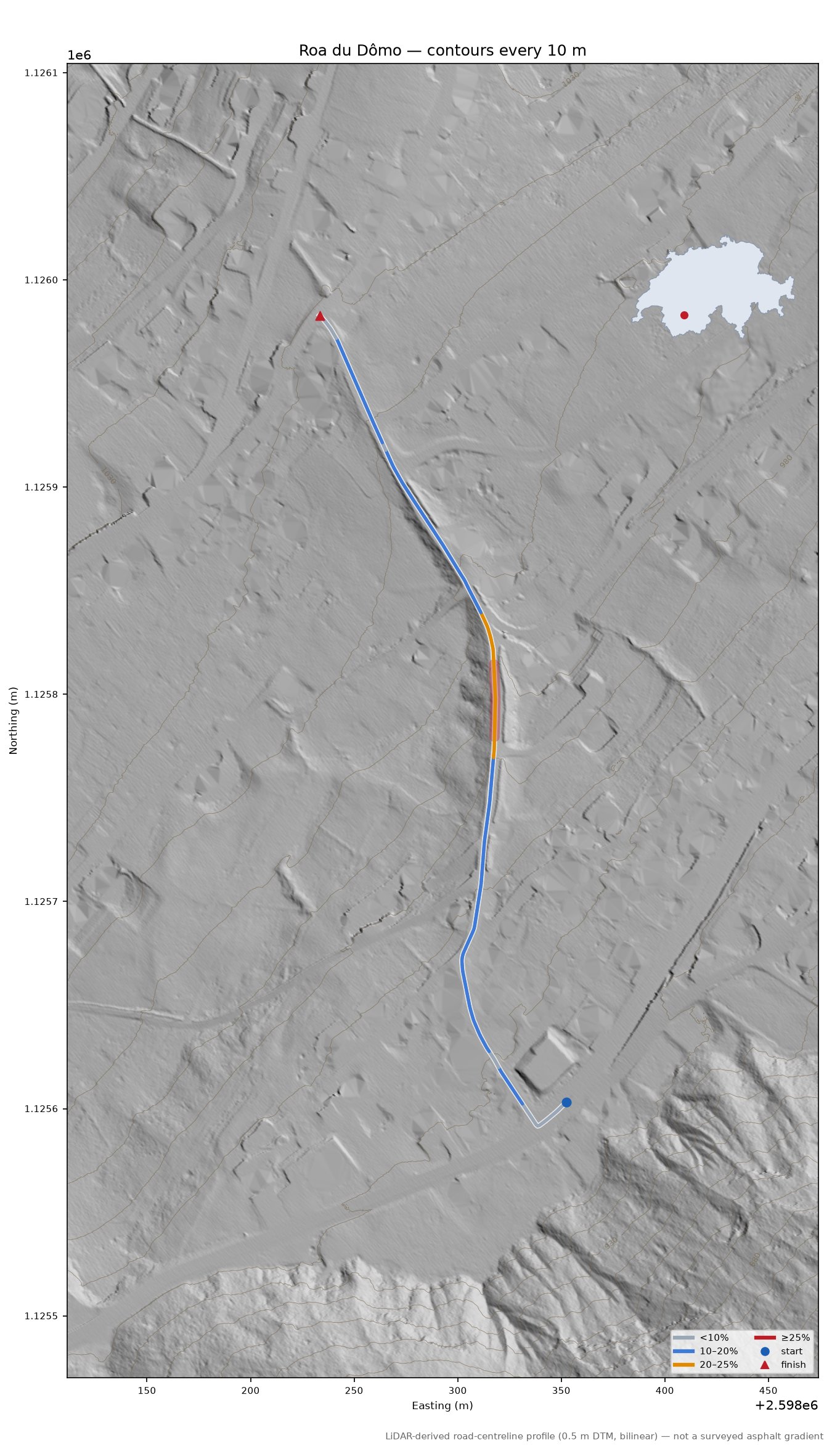 Roa du Dômo LiDAR hillshade map with contours