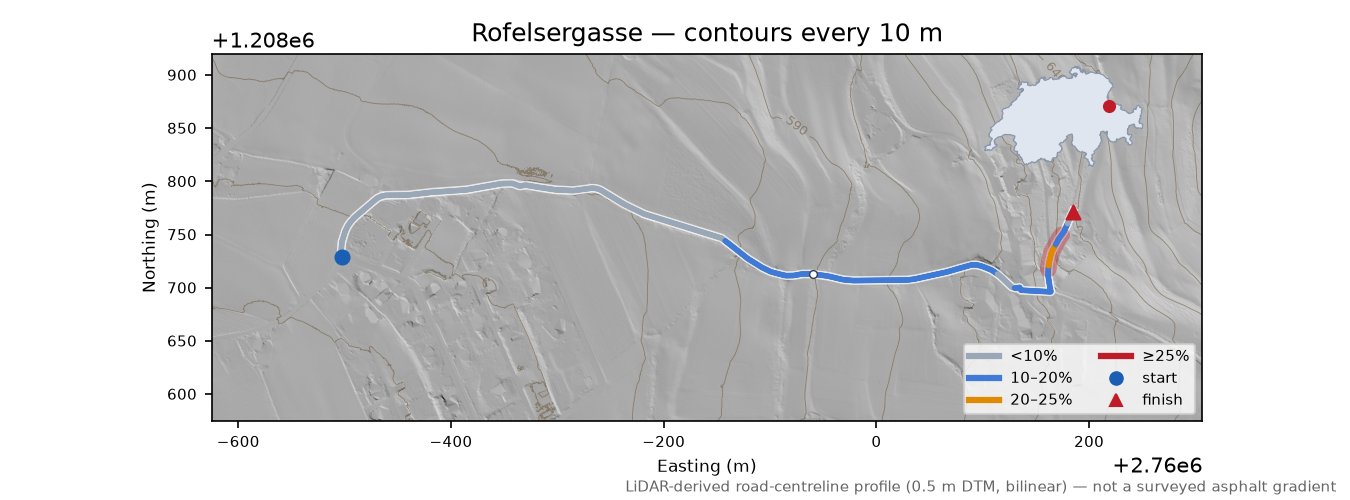Rofelsergasse LiDAR hillshade map with contours